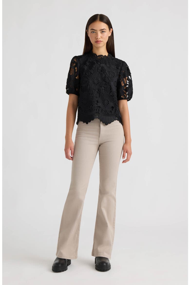 Sequined Lace Top with Puffed Sleeves, Alternate, color, BLACK