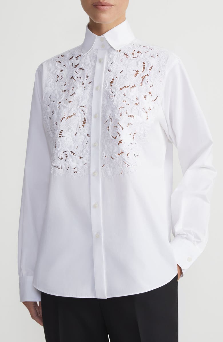 Lafayette 148 New York Baroque Embroidered Organic Cotton Poplin Button-Up Shirt, Main, color, 