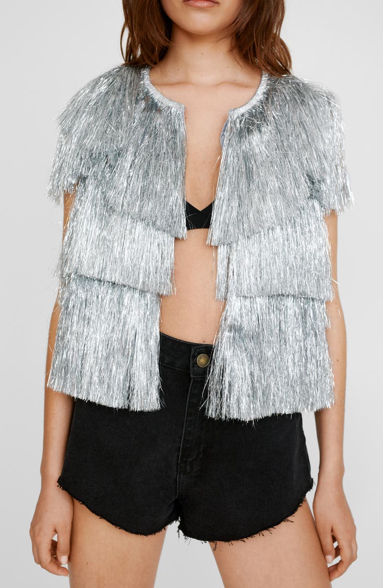 NASTY GAL Tiered Metallic Tinsel Jacket, Main, color, 
