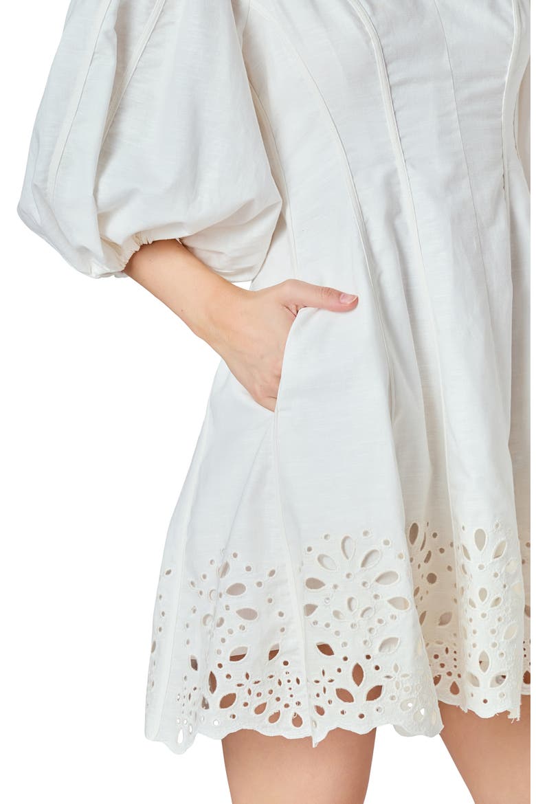 Eyelet Detail Cotton & Linen Minidress, Alternate, color, WHITE