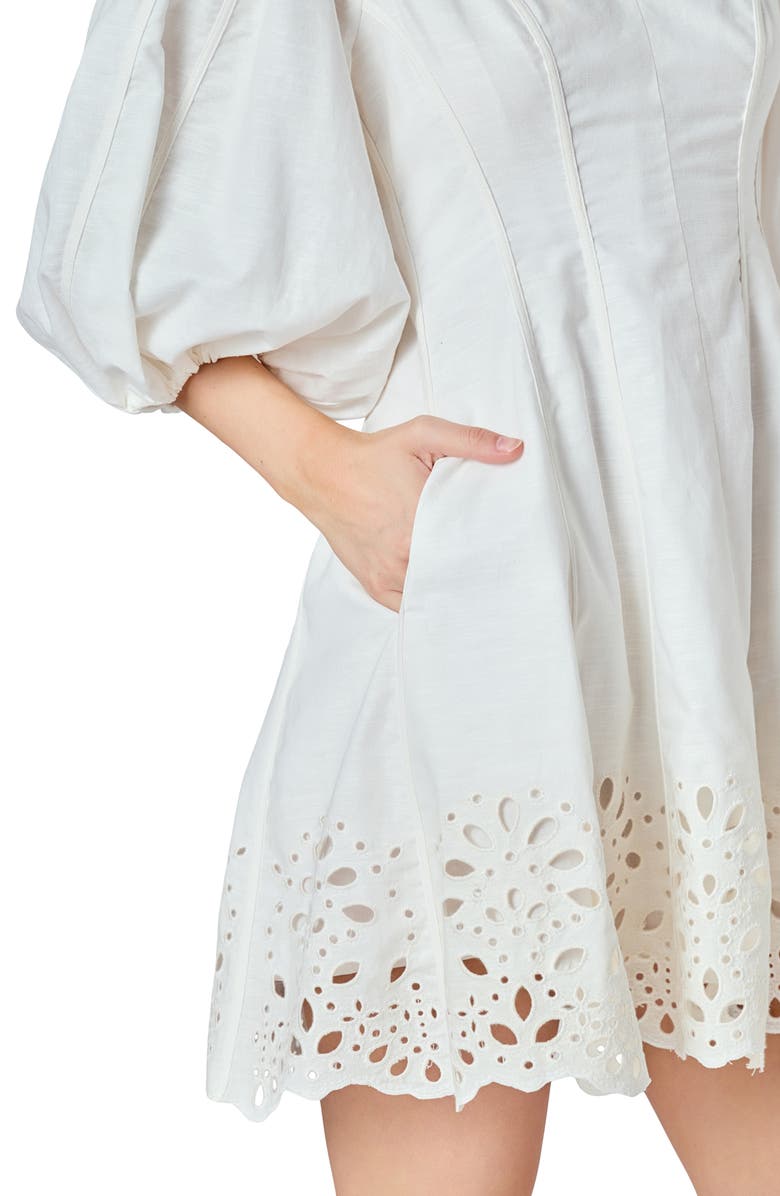 Endless Rose Eyelet Detail Cotton & Linen Minidress, Alternate, color, White