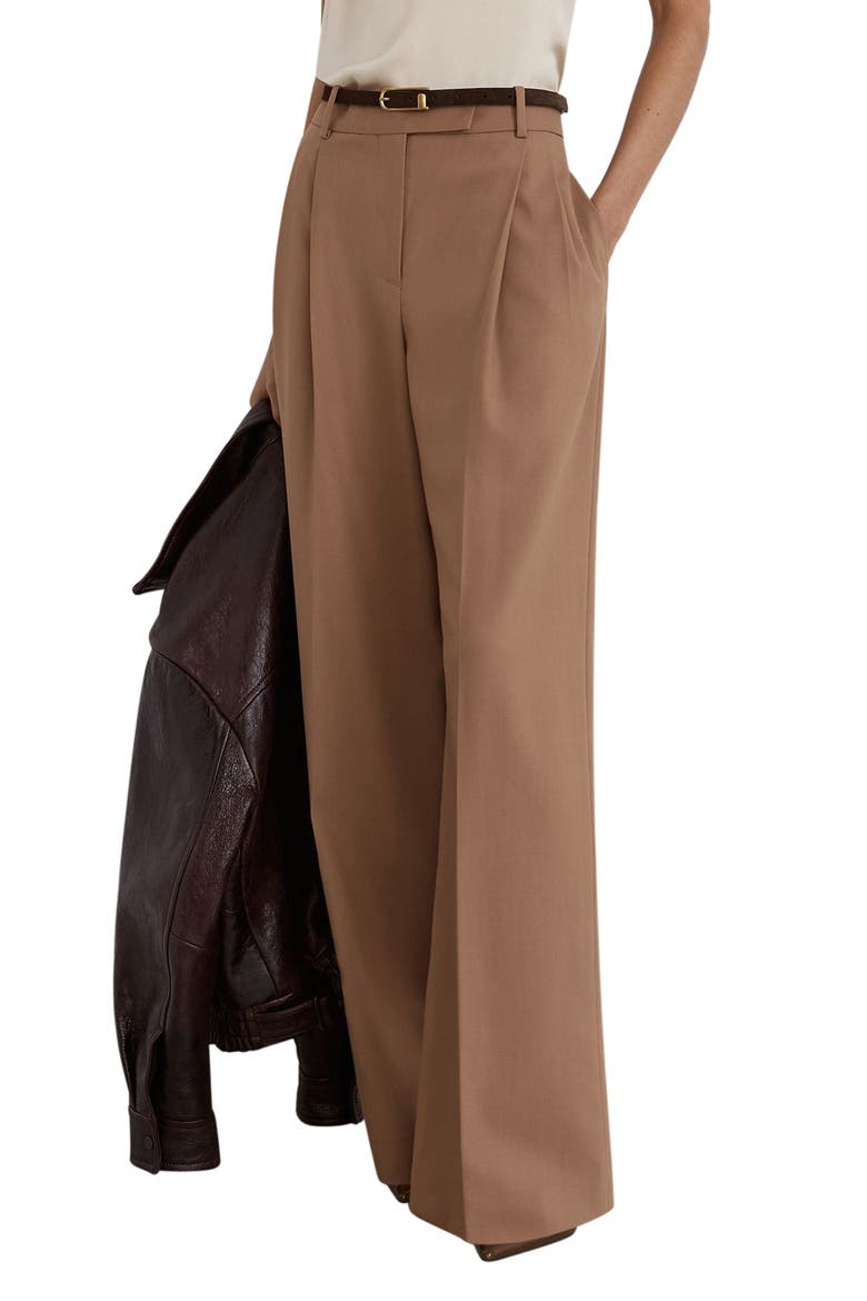 Luna Pleated Wide Leg Wool Blend Trousers, Main, color, CAMEL