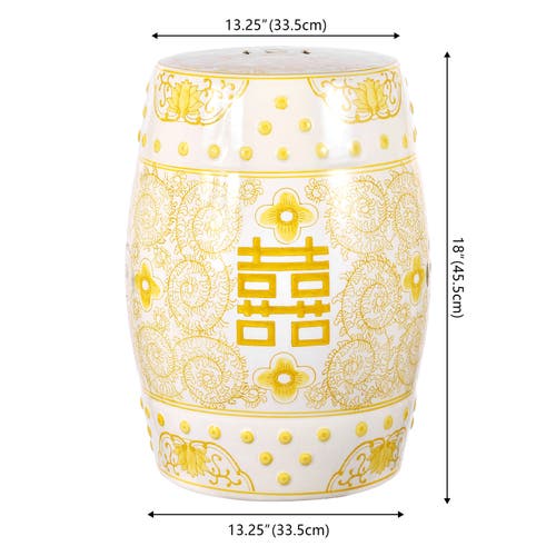 Jonathan Y Double Happiness 18" Chinoiserie Ceramic Drum Garden Stool In Yellow/white