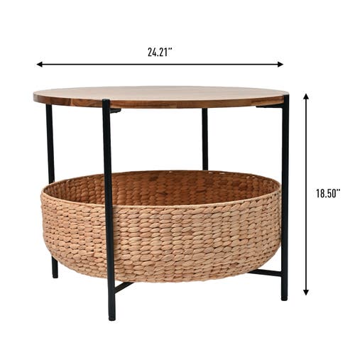 Happimess Carly 24.21" Modern Coastal Round Acacia Wood/water Hyacinth Coffee Table With Storage Bas