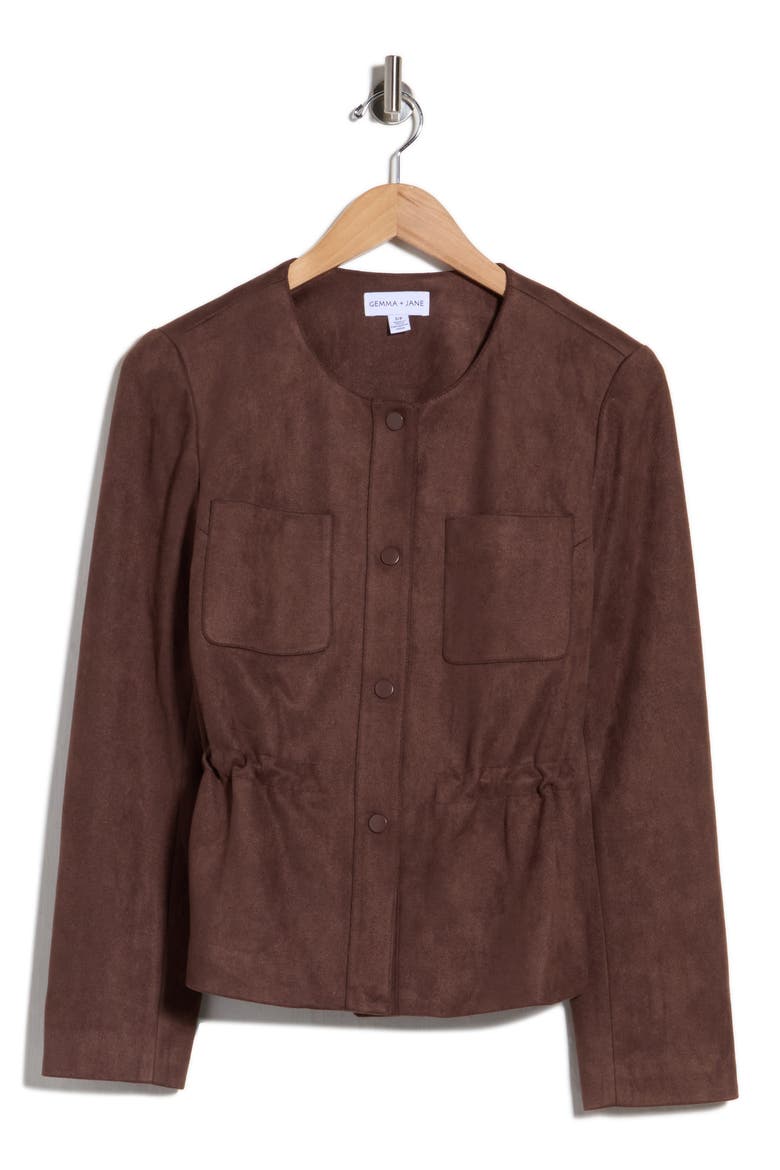 Drawstring Waist Faux Suede Jacket, Alternate, color, COFFEE BEAN