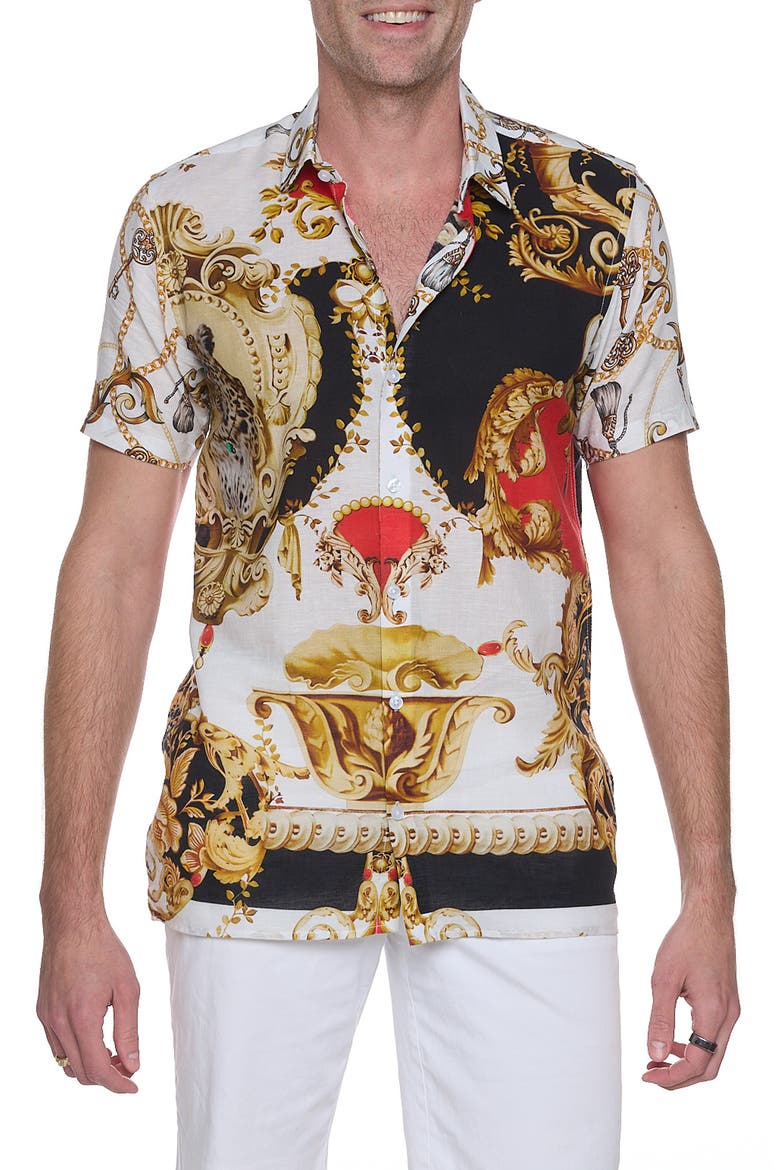 Artistic Cheetah Short Sleeve Cotton & Linen Blend Button-Up Shirt, Main, color, WHITE