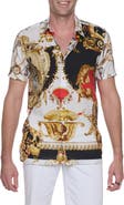 RANEES Artistic Cheetah Short Sleeve Cotton & Linen Blend Button-Up Shirt