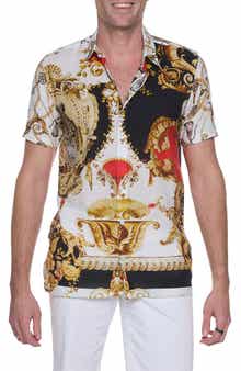 RANEES Artistic Cheetah Short Sleeve Cotton & Linen Blend Button-Up Shirt