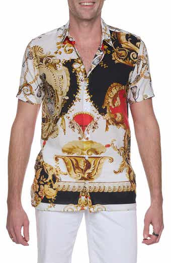 RANEES Artistic Cheetah Short Sleeve Cotton & Linen Blend Button-Up Shirt