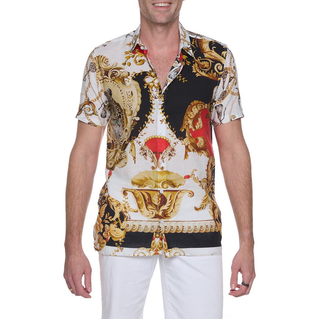 Ranee's Ranees Artistic Cheetah Short Sleeve Cotton & Linen Blend Button-up Shirt In White