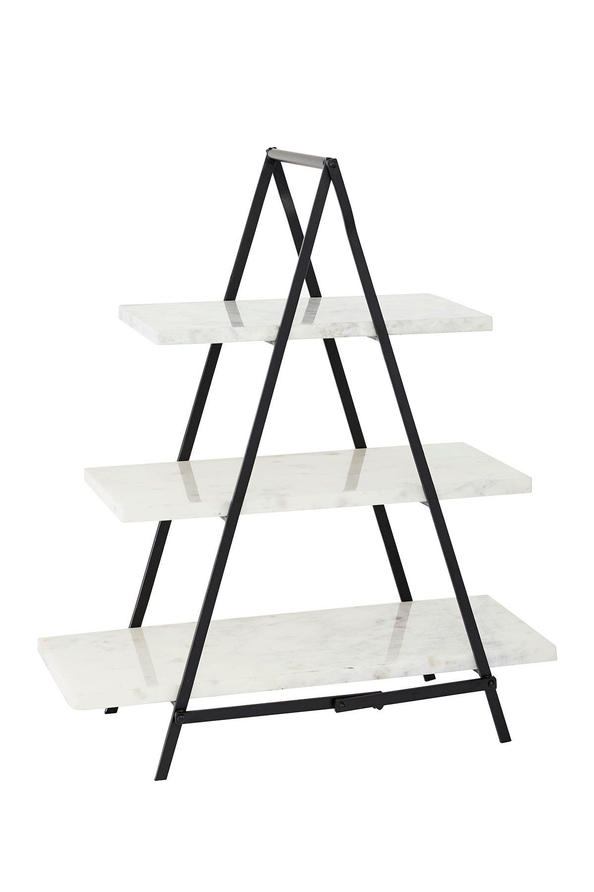 WILLOW ROW Large Decorative Cup Cake Stand w/ White Rectangular Marble Plates & Black Metal Frame, 20      x23