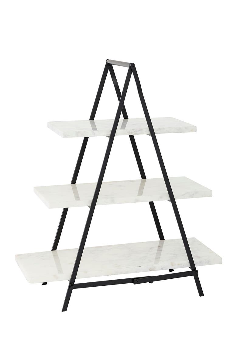 Large Decorative Cup Cake Stand w/ White Rectangular Marble Plates & Black Metal Frame, 20      x23, Main, color, WHITE