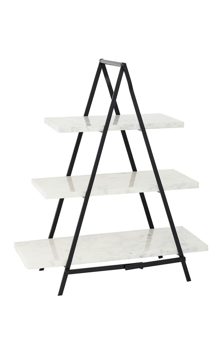 WILLOW ROW Large Decorative Cup Cake Stand w/ White Rectangular Marble Plates & Black Metal Frame, 20 x23, Main, color, White