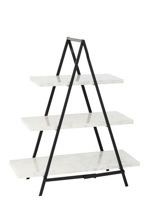 Large Decorative Cup Cake Stand w/ White Rectangular Marble Plates & Black Metal Frame, 20      x23