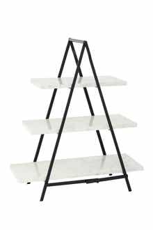 WILLOW ROW Large Decorative Cup Cake Stand w/ White Rectangular Marble Plates & Black Metal Frame, 20 x23