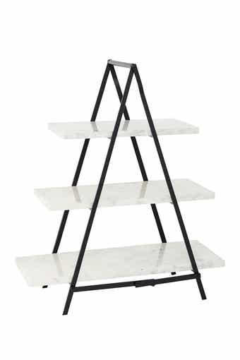 WILLOW ROW Large Decorative Cup Cake Stand w/ White Rectangular Marble Plates & Black Metal Frame, 20 x23