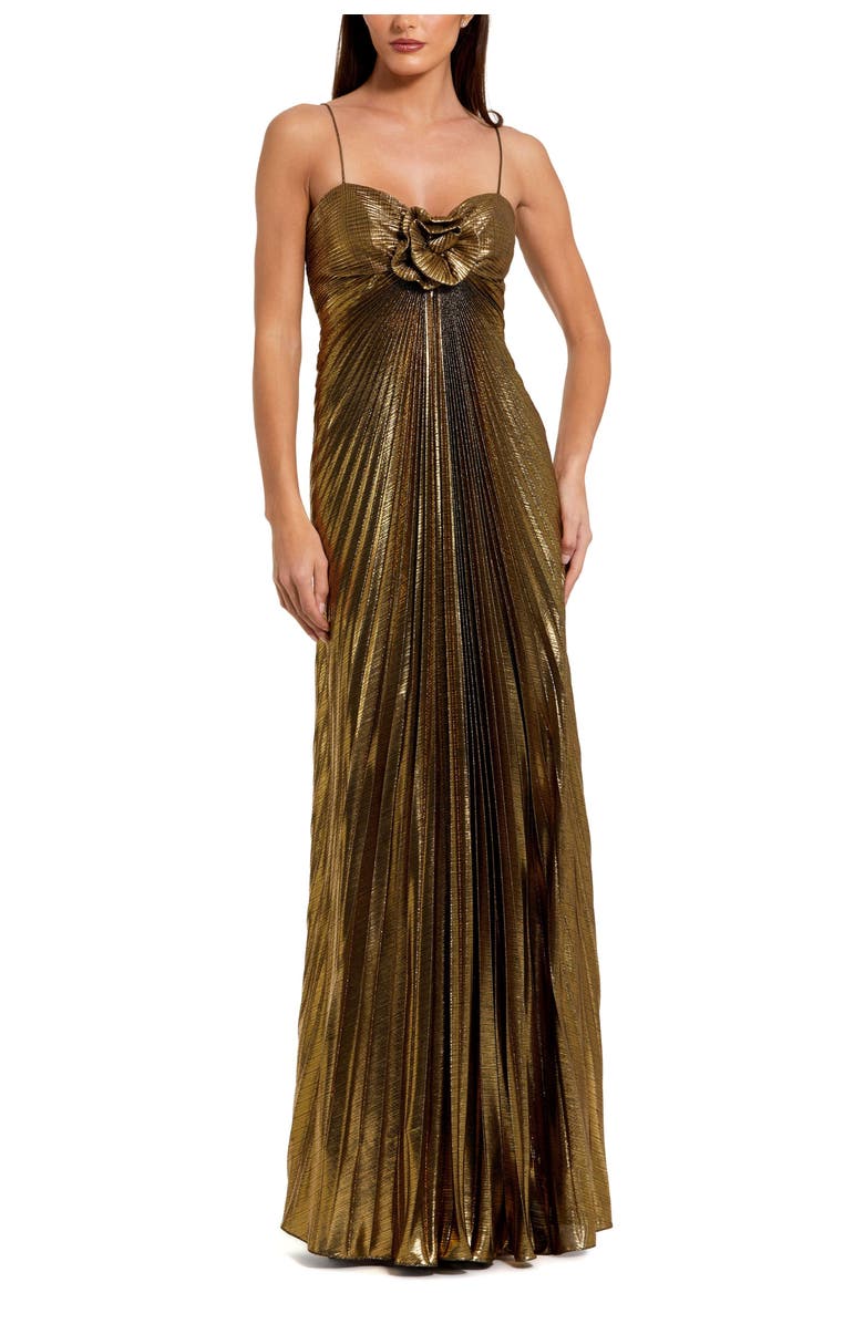 Mac Duggal Thin Strap Pleated Metallic Gown With 3D Flower, Main, color, Antique Gold