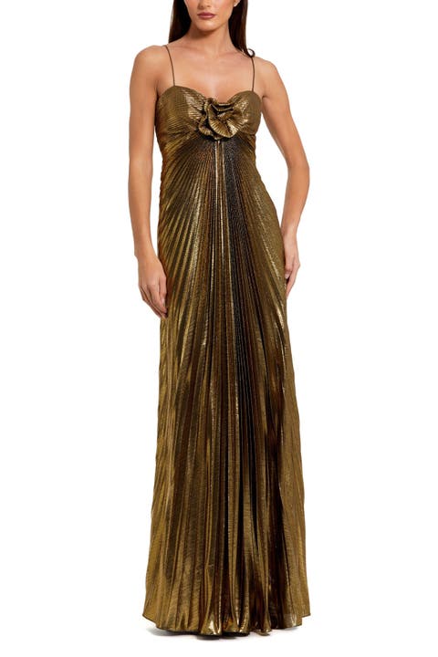 Thin Strap Pleated Metallic Gown With 3D Flower
