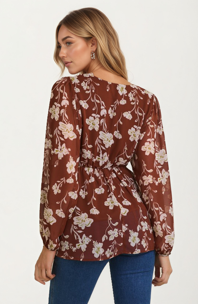Knit and Lounge Long Sleeve Floral Empire Waist Wrap Blouse, Alternate, color, Floral Brown