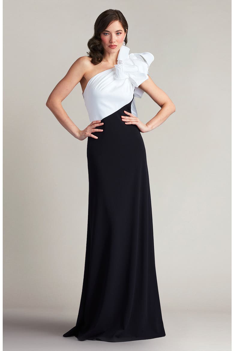 Flower One-Shoulder Gown, Alternate, color, IVORY/ BLACK
