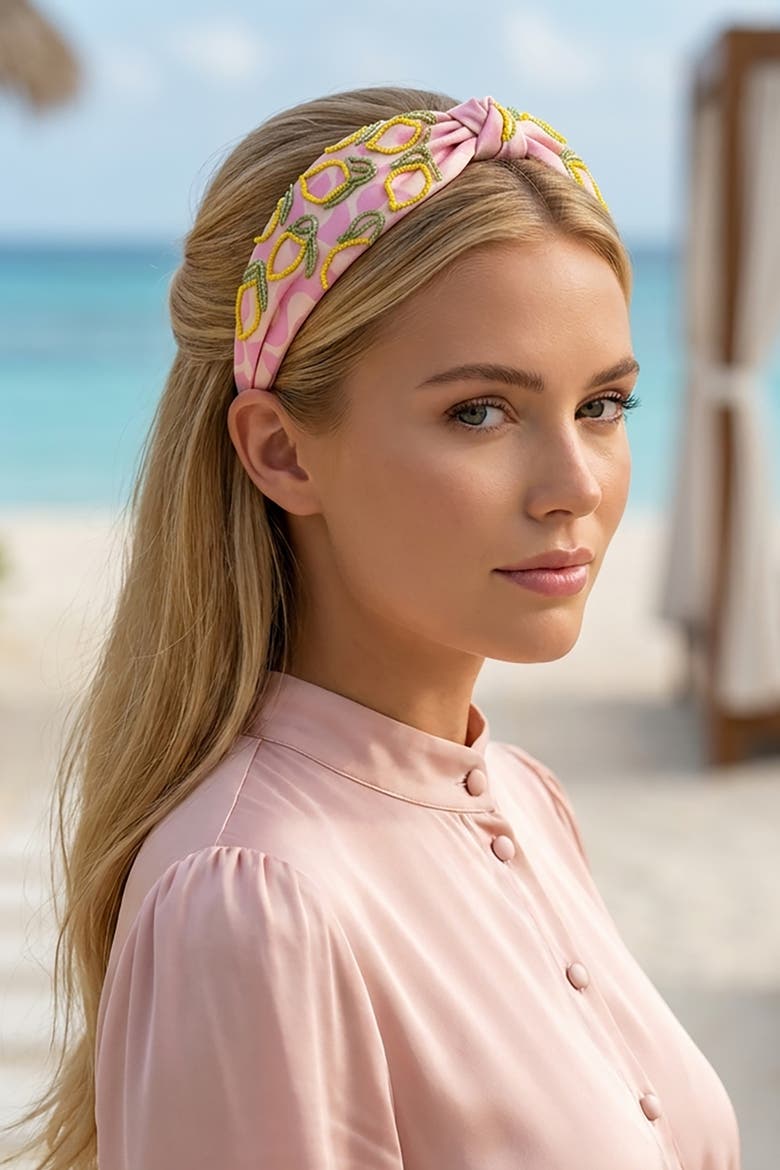 Lemon Pop Printed Knotted Headband, Alternate, color, Metallic Silver