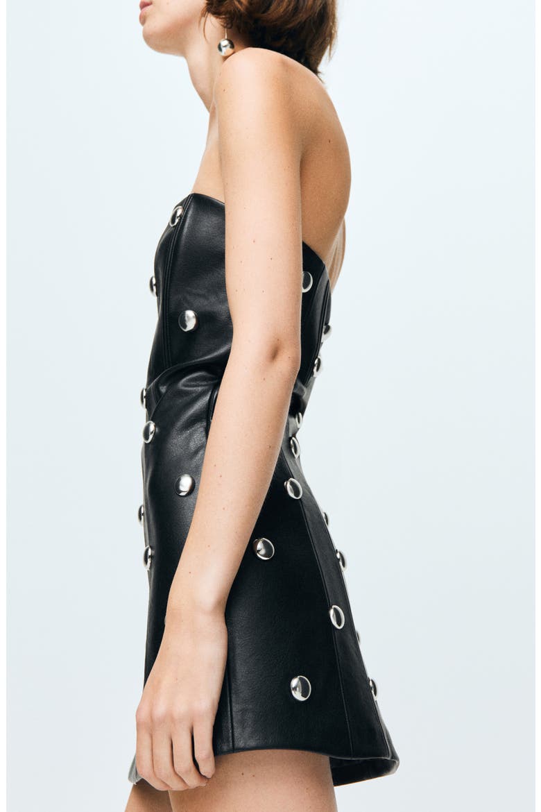 Carla Stud Detail Strapless Faux Leather Dress, Alternate, color, BLACK