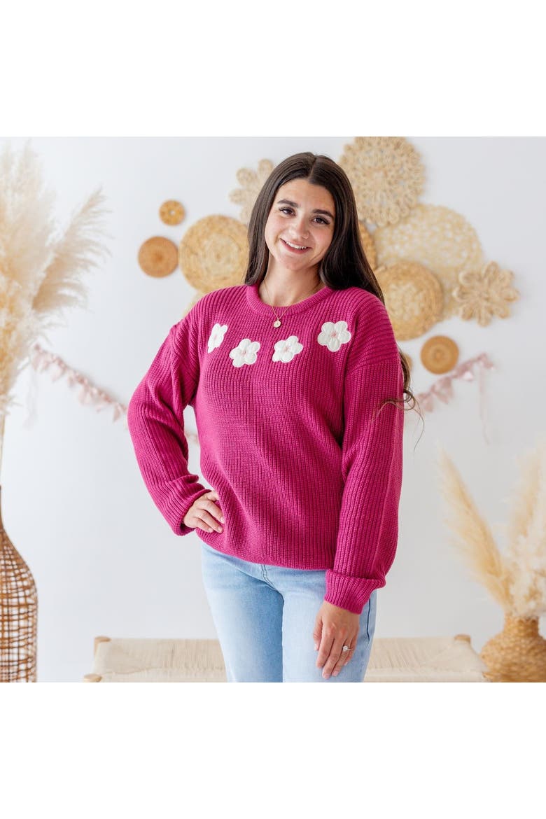 Floral Applique Women's Sweater, Alternate, color, Berry