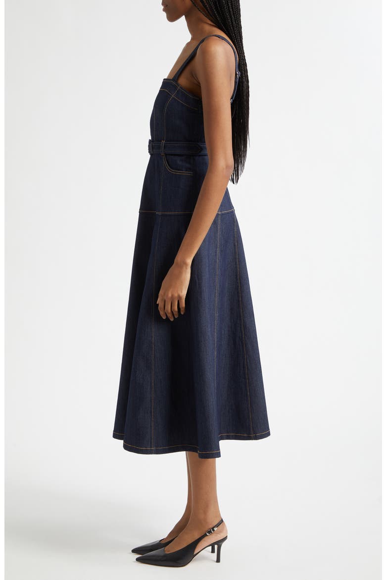 Tina Belted Stretch Denim Midi Sundress, Alternate, color, INDIGO