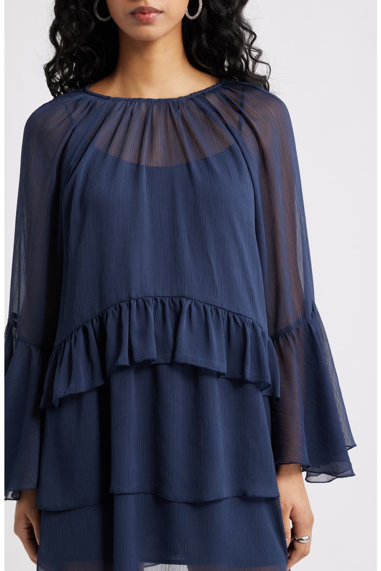 Long Sleeve Tiered Chiffon Dress, Alternate, color, NAVY IRIS