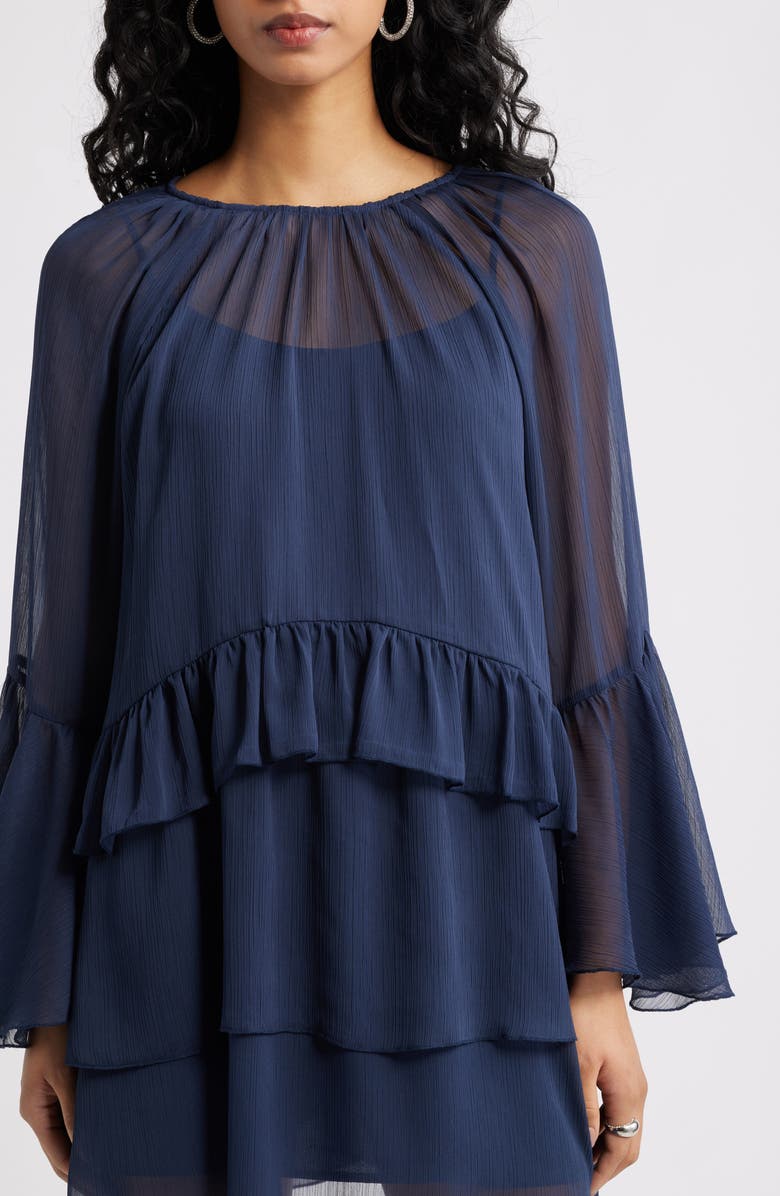 Open Edit Long Sleeve Tiered Chiffon Dress, Alternate, color, Navy Iris