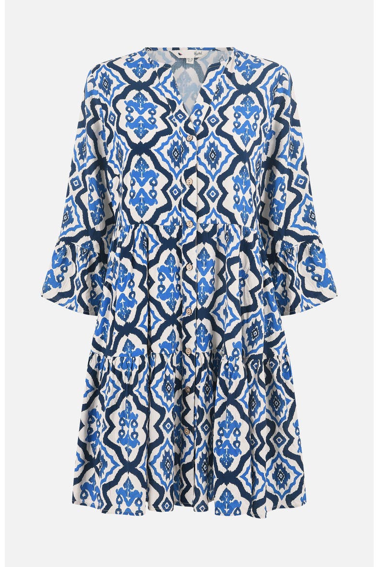 Ikat Print 3/4 Sleeve Tunic Dress, Alternate, color, Blue
