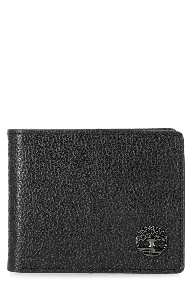 Metal Logo Leather Bifold Passcase Wallet, Main, color, BLACK