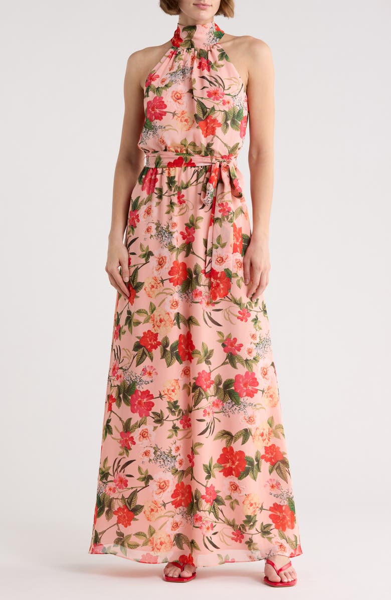 Eliza J Floral Halter Neck Sleeveless Maxi Dress, Main, color, Blush