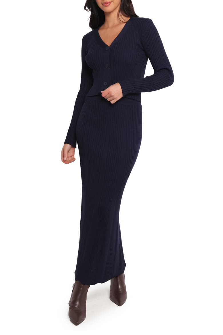 Neya Cardigan & Maxi Skirt Rib Set, Main, color, NAVY
