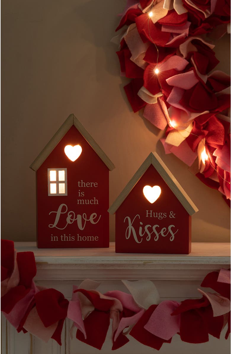 Glitzhome Set of 2 Lighted Valentine's Wooden House-shaped Table Decor, Alternate, color, Red
