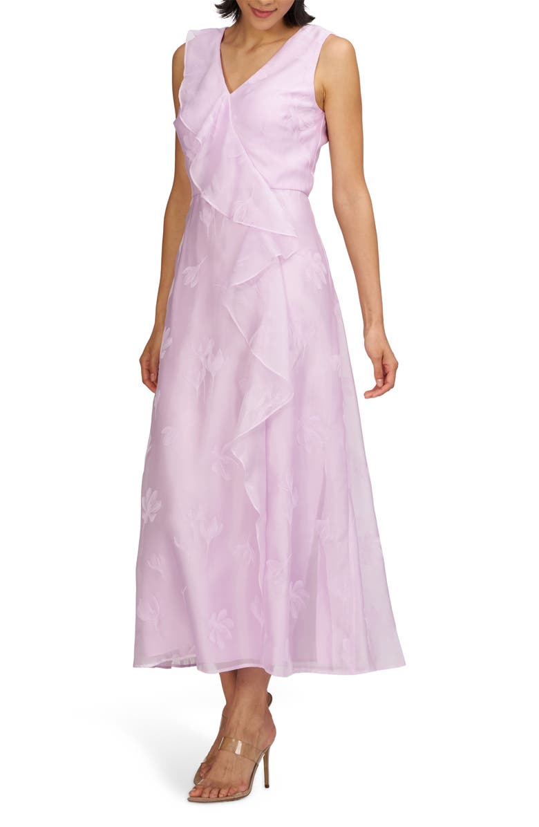 JS Collections Geneva Floral Jacquard Ruffle Detail Cocktail Dress, Alternate, color, Pale Lilac