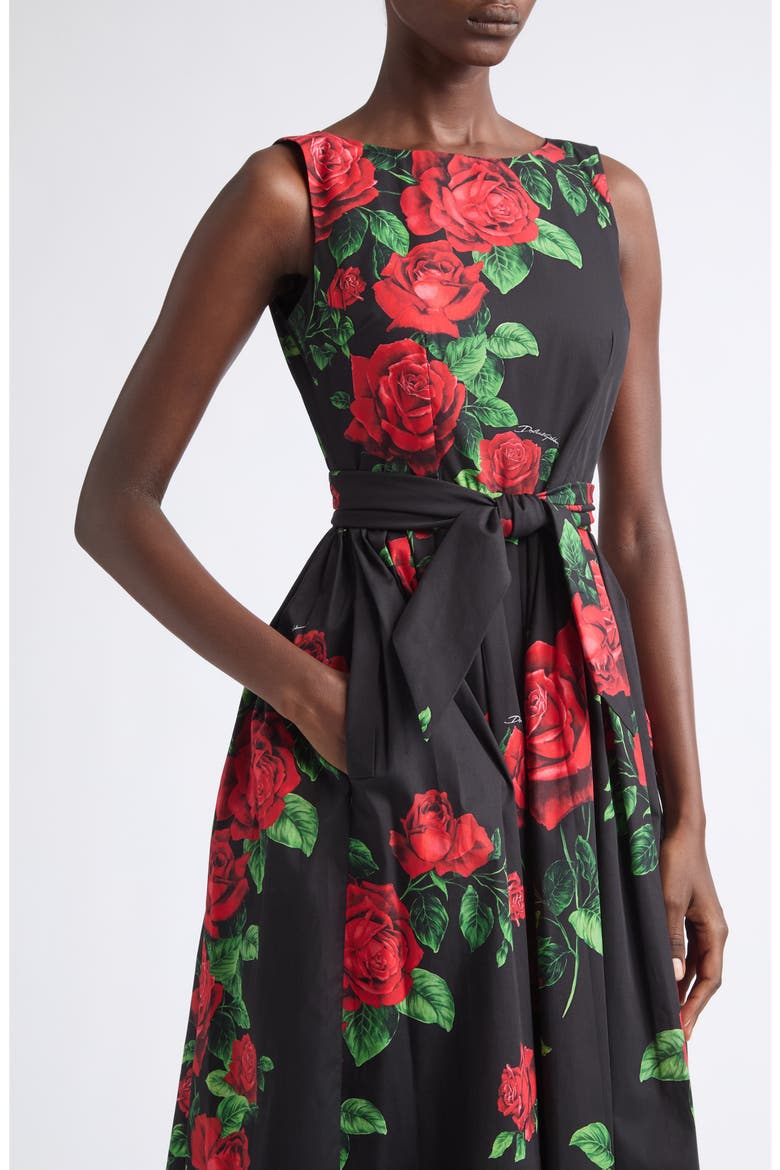 Rose Print Cotton Poplin Midi Dress, Alternate, color, ROSE ROSSE F.NERO