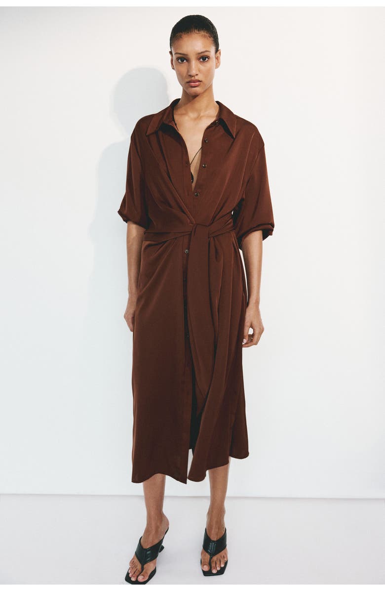 H&M Tie-detail shirt dress, Alternate, color, Rust Brown