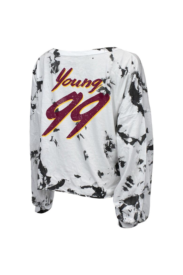 Women's Majestic Threads Chase Young White Washington Commanders Off-Shoulder Tie-Dye Name & Number Long Sleeve V-Neck Crop-Top T-Shirt, Alternate, color, White