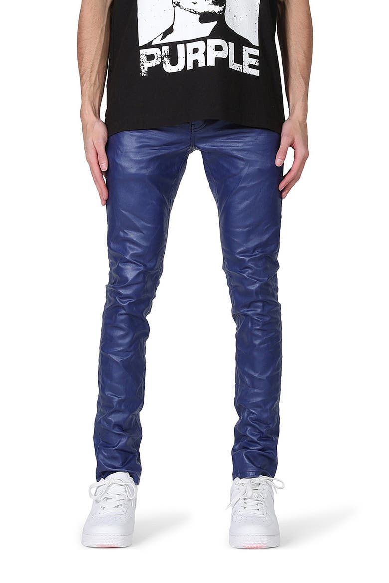 PURPLE Coated Skinny Jeans, Main, color, BLUE PATENT LEATHER FILM