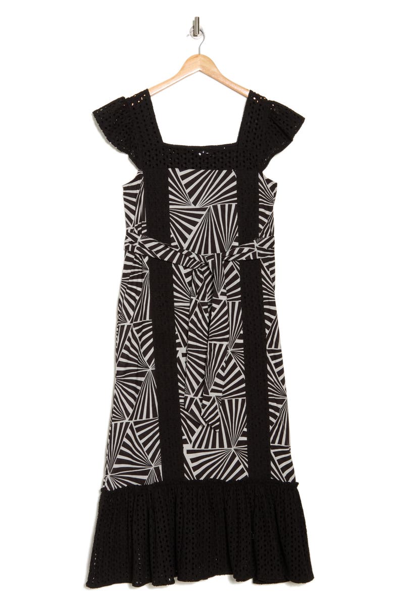 Maisie Embroidered Eyelet Cap Sleeve Cotton Midi Dress, Alternate, color, Black/ White