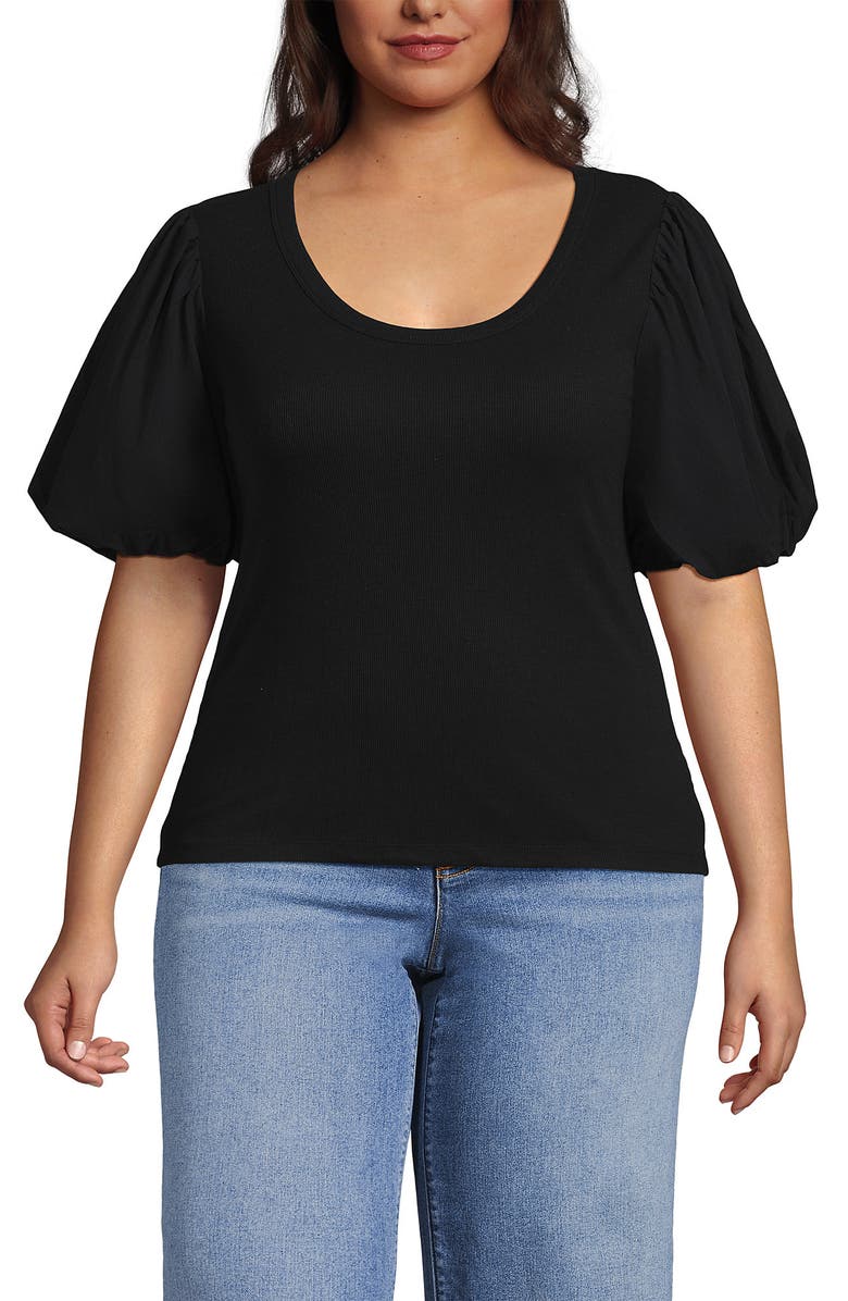 Lands' End Plus Size Drapey Rib Puff Sleeve Scoop Neck Top, Main, color, Black