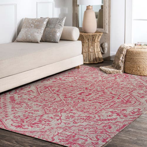 Jonathan Y Estrella Bohemian Medallion Textured Weave Indoor/outdoor Area Rug In Light Gray/fuchsia