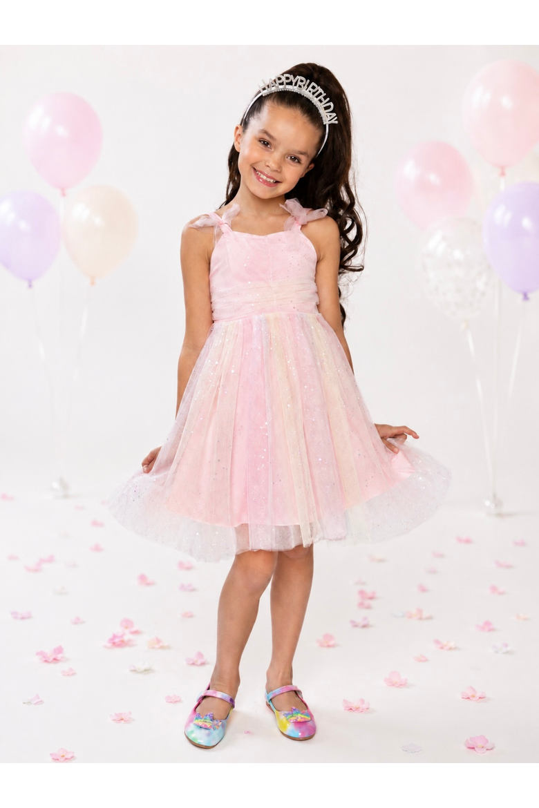 Birthday Glow Pastel Rainbow Tulle Dress, Alternate, color, Pink