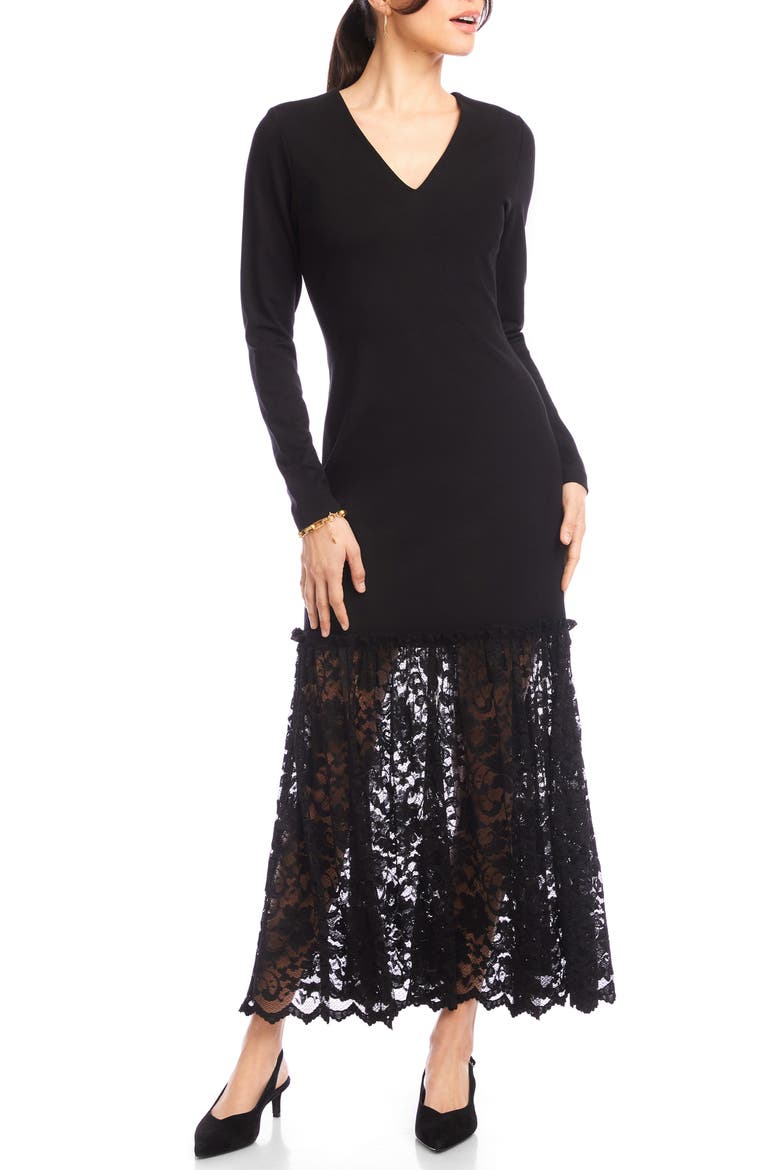 Lace Contrast Long Sleeve Maxi Dress, Main, color, BLACK