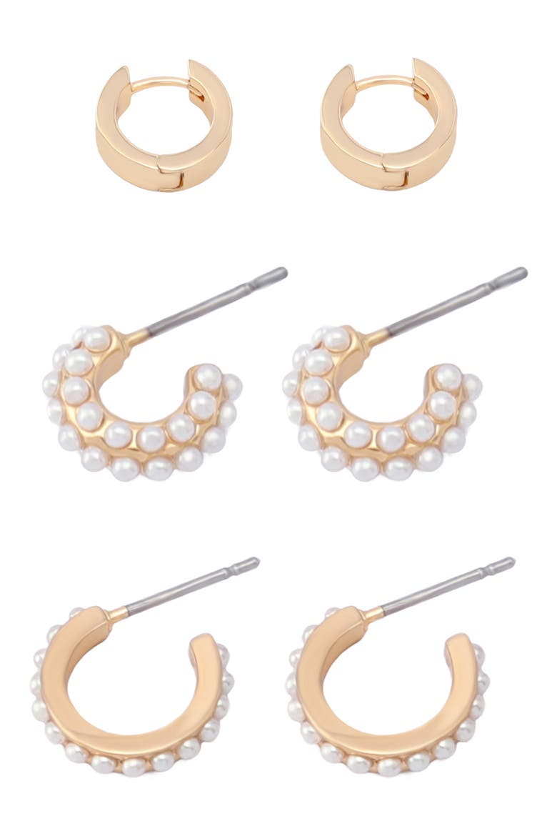 Set of 3 Assorted Hoop Earrings, Alternate, color, GOLD/ WHITE