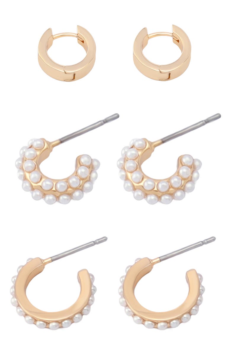 AllSaints Set of 3 Huggie Hoop Earrings, Alternate, color, Gold