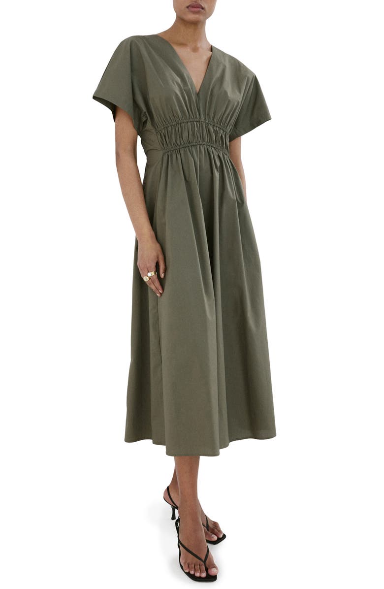 MANGO Smocked Poplin Midi Dress, Main, color, Khaki Green