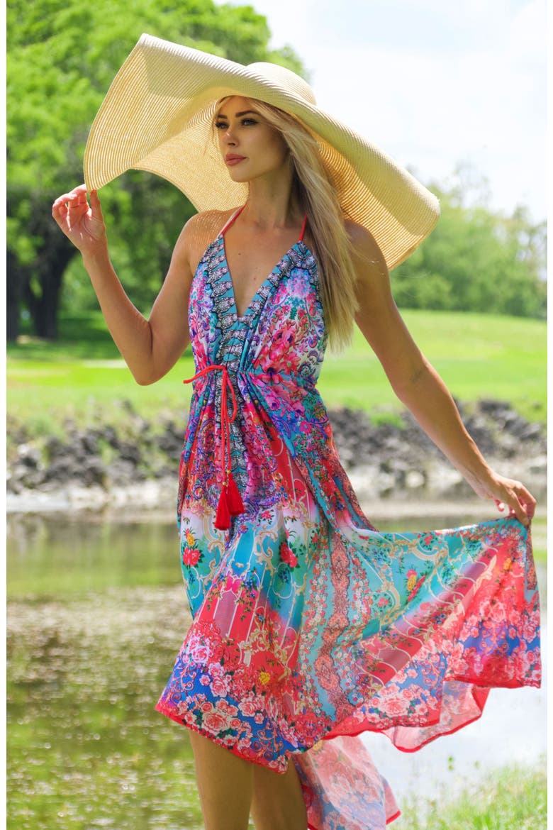 Bright Printed Pink Blooms Flare Sleeve Cover-Up Duster, Alternate, color, TURQUOISE