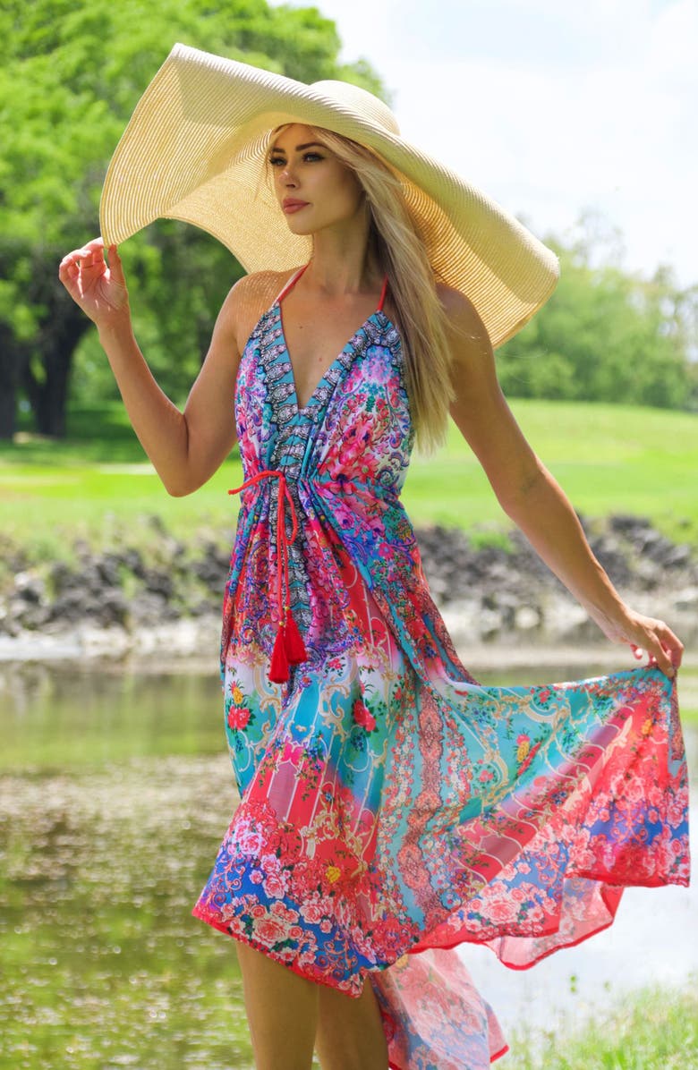 RANEES Bright Printed Pink Blooms Flare Sleeve Cover-Up Duster, Alternate, color, Turquoise